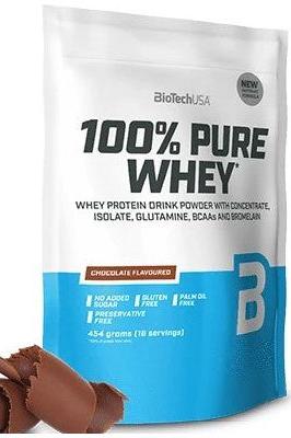 BioTech USA 100% Pure Whey Protein powder packaging, chocolate flavor, gluten-free, 454 grams.