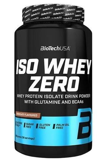 BioTech USA Iso Whey Zero protein powder in chocolate flavor with added glutamine and BCAAs, sugar and gluten free.