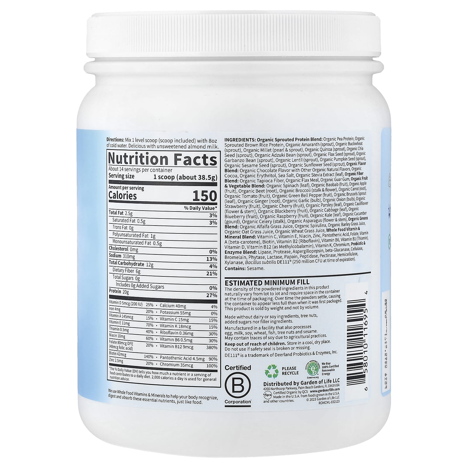 Garden Of Life Chocolate Cacao ingredienser etikett