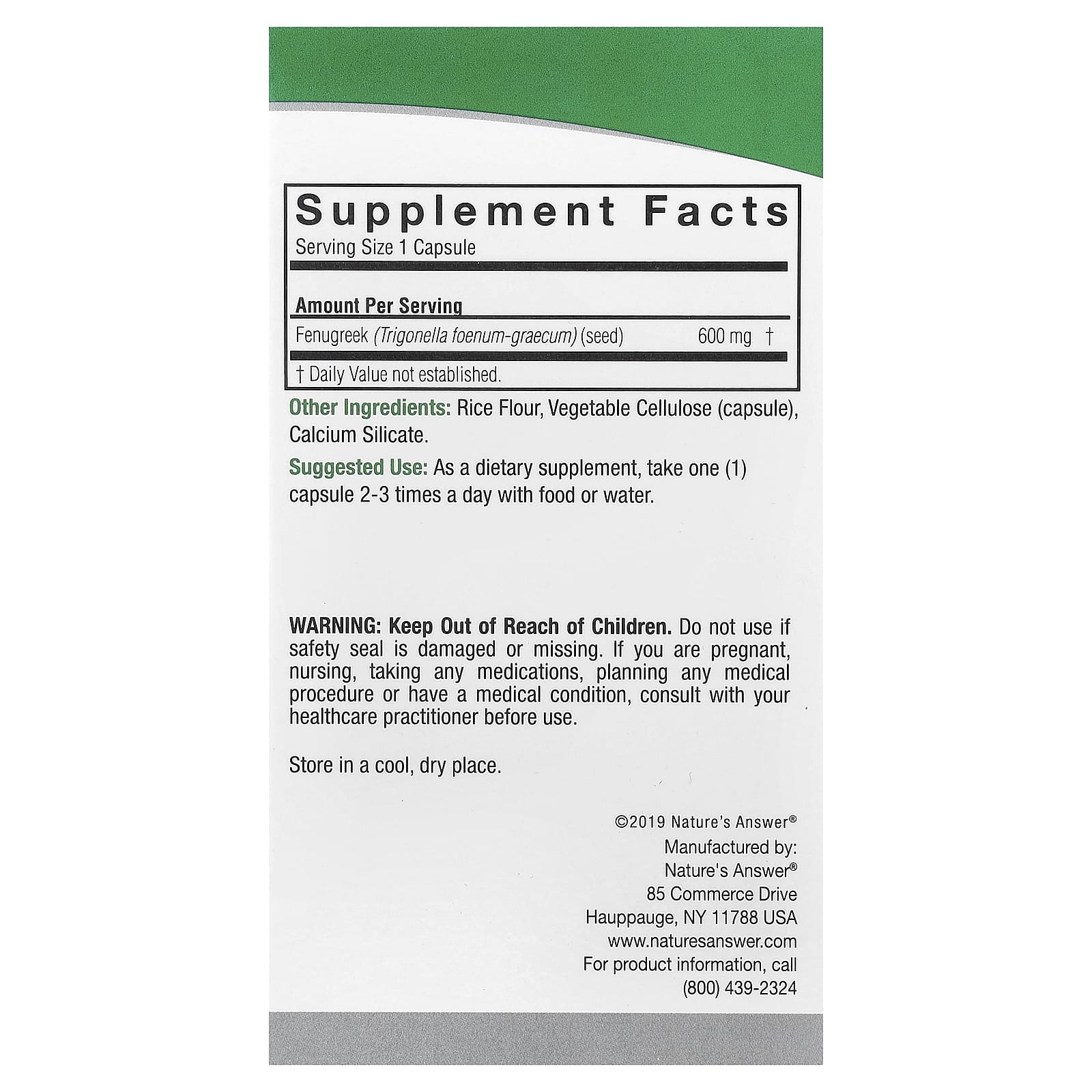 Nature's Answer Fenugreek ingredienser etikett