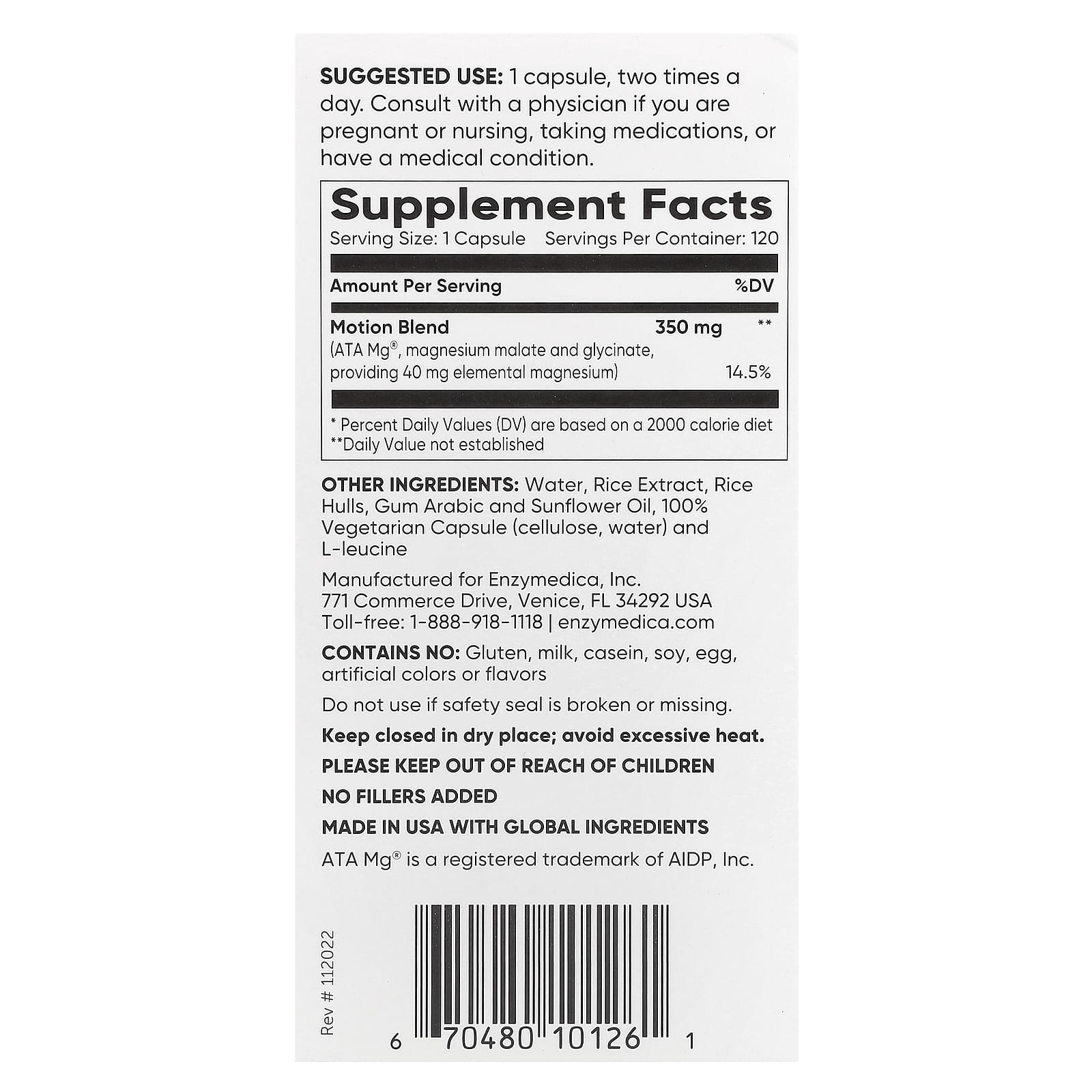 Enzymedica Magnesium Motion produktflaska