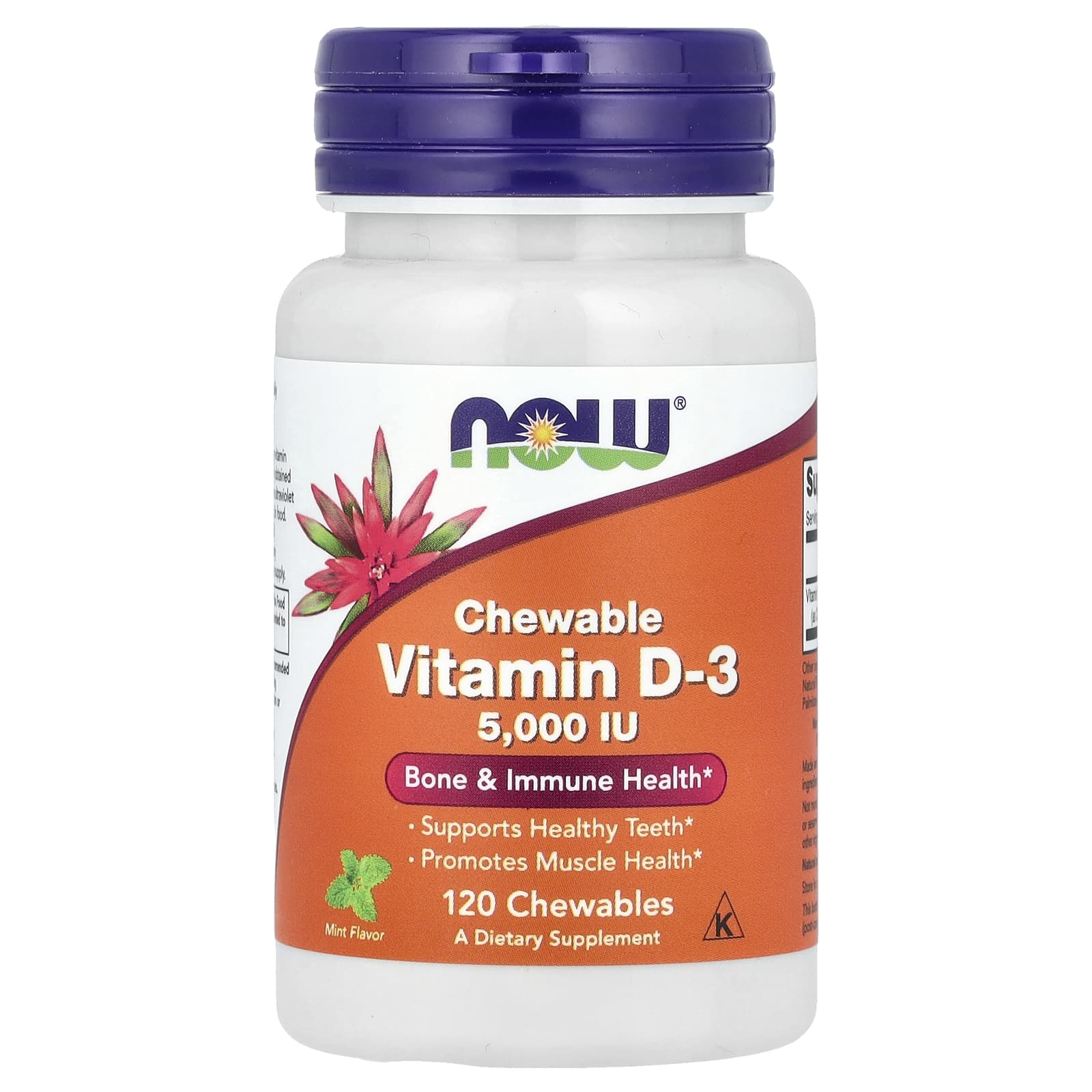 NOW Foods - D-vitamiini D-3, Minttu, 5,000 IU - 120 Purutablettia