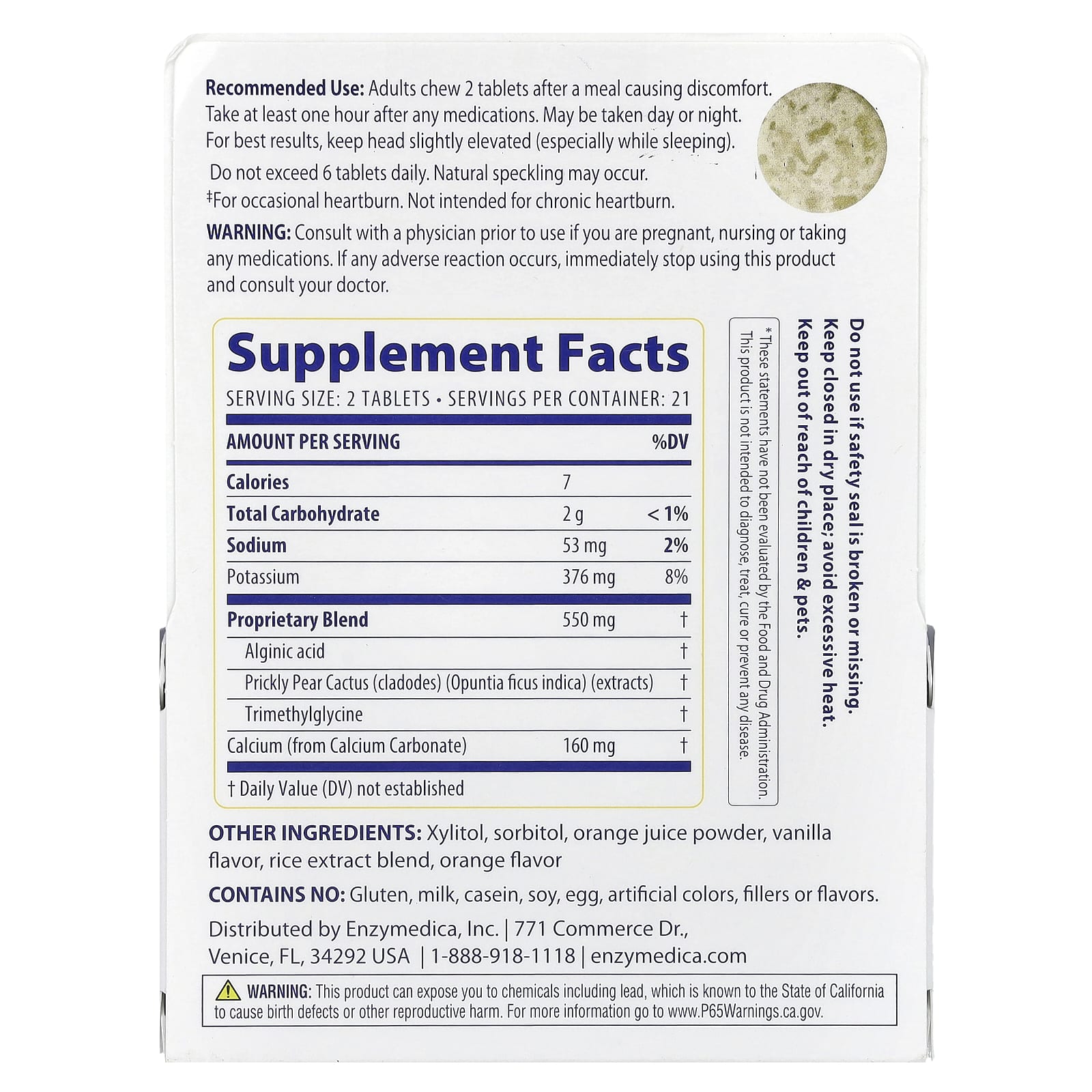 Enzymedica Heartburn Soothe ingredienser etikett