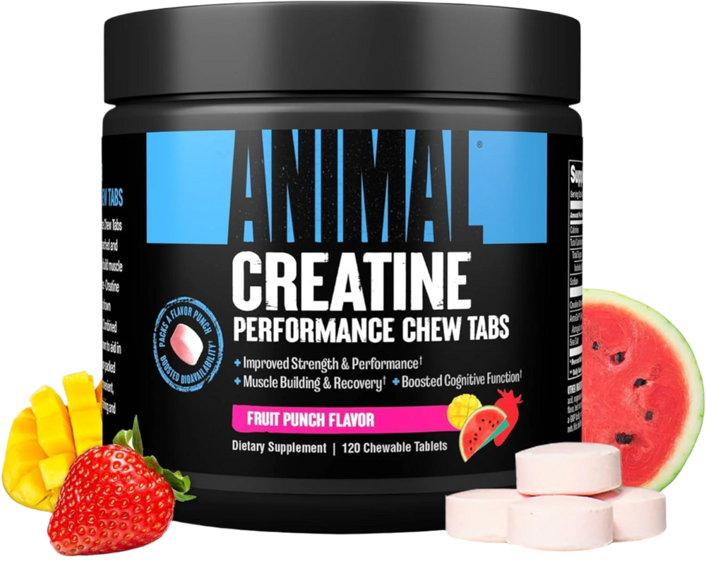 Universal Nutrition Animal Creatine Chews in fruit punch flavor, dietary supplement, 120 chewable tablets, fruit images.