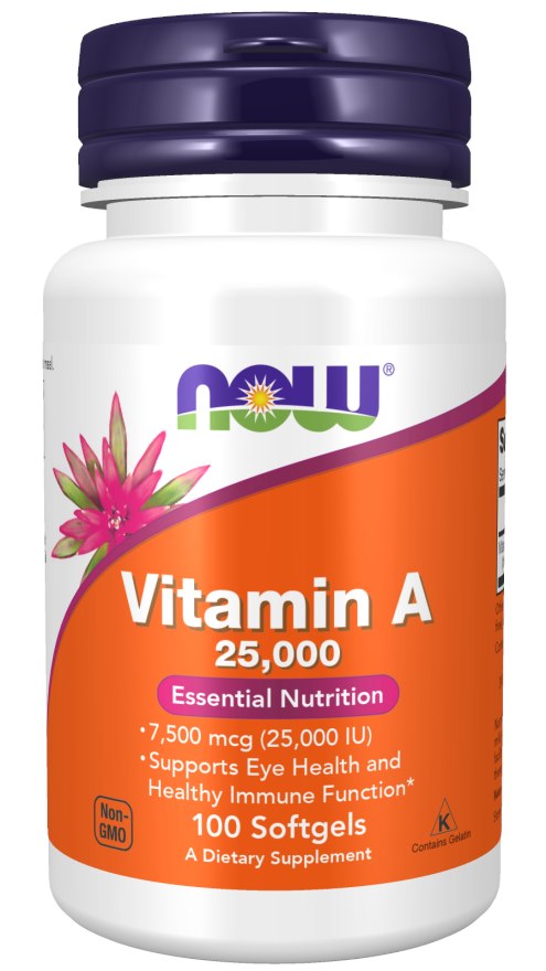 Now Foods Vitamin A 25,000IU baksida näringsfakta