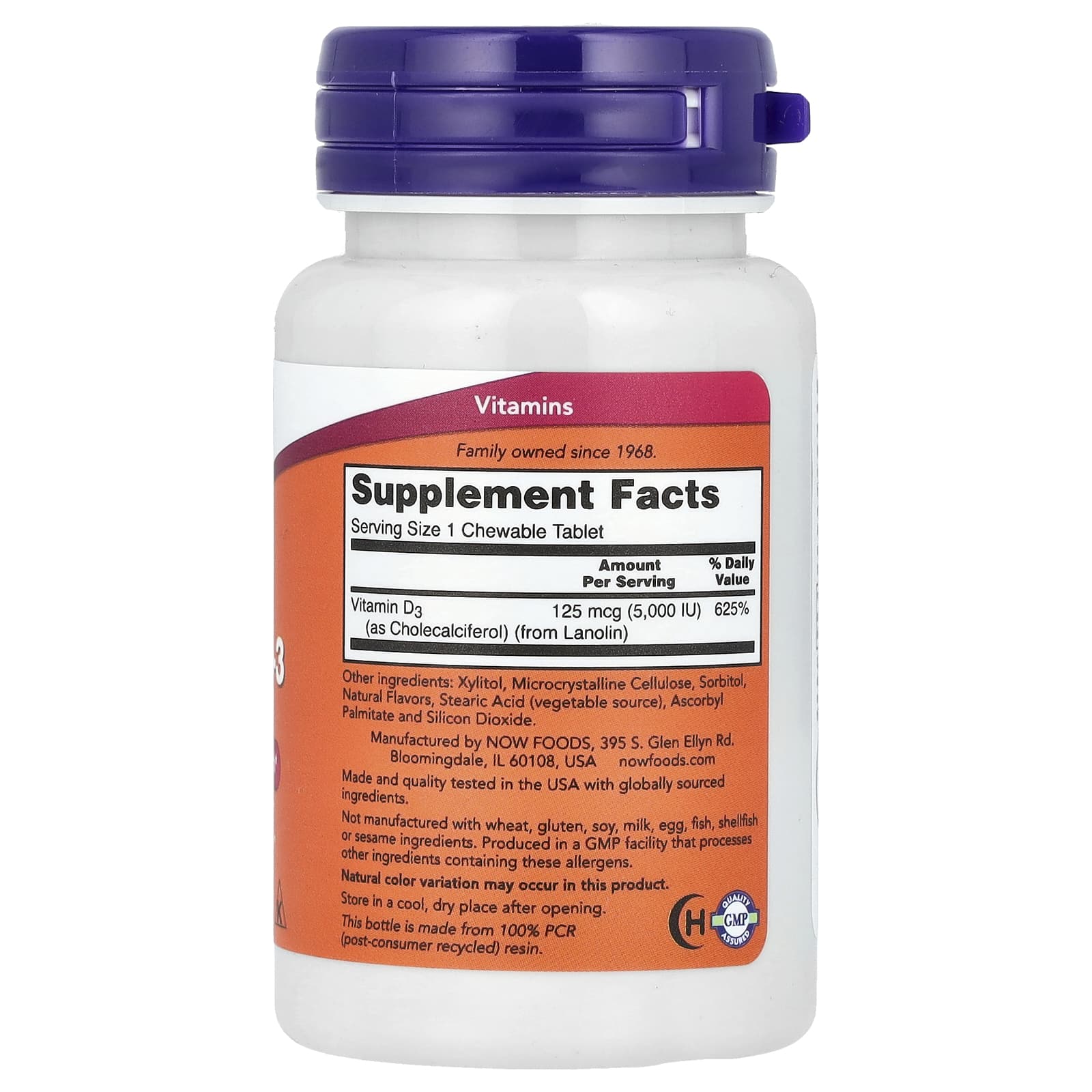 NOW Foods - D-vitamiini D-3, Minttu, 5,000 IU - 120 Purutablettia