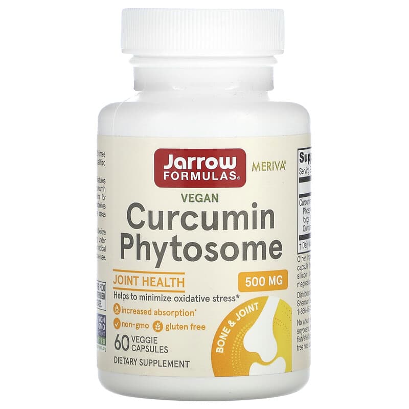 Jarrow Formulas Curcumin Phytosome bottle, 500 mg, vegan supplement promoting joint health and antioxidant protection.