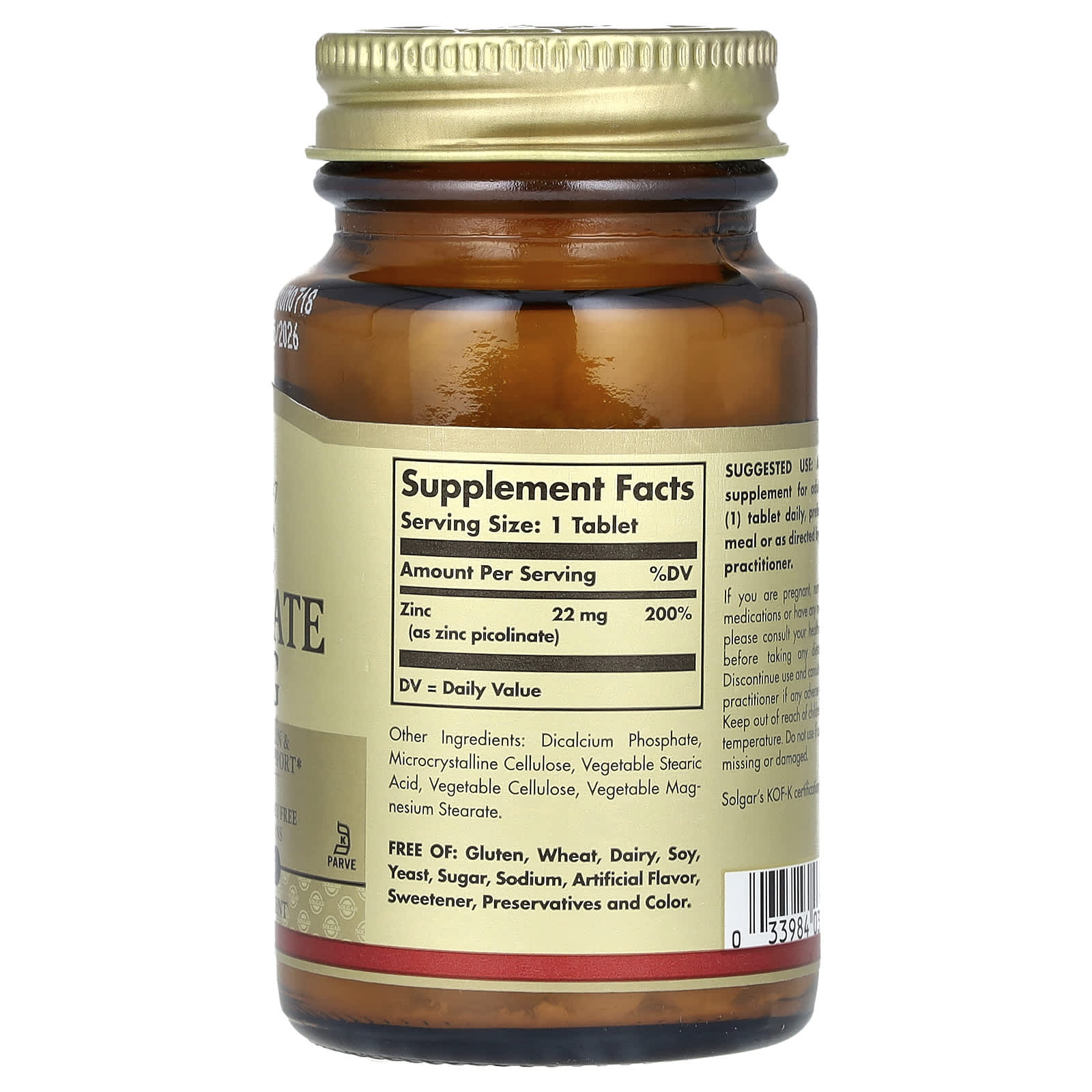 Solgar Zinc Picolinate näringsfakta och ingredienser