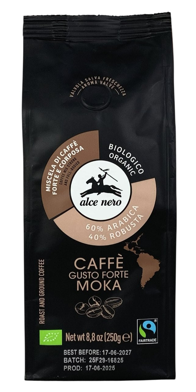 Alce Nero Organic Ground Arabica Coffee baksida med näringsinformation
