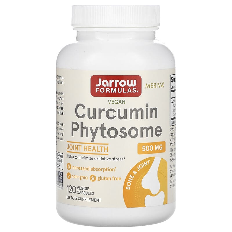 Jarrow Formulas Curcumin Phytosome bottle for joint health with 500 mg, 120 veggie capsules, vegan and gluten-free supplement.
