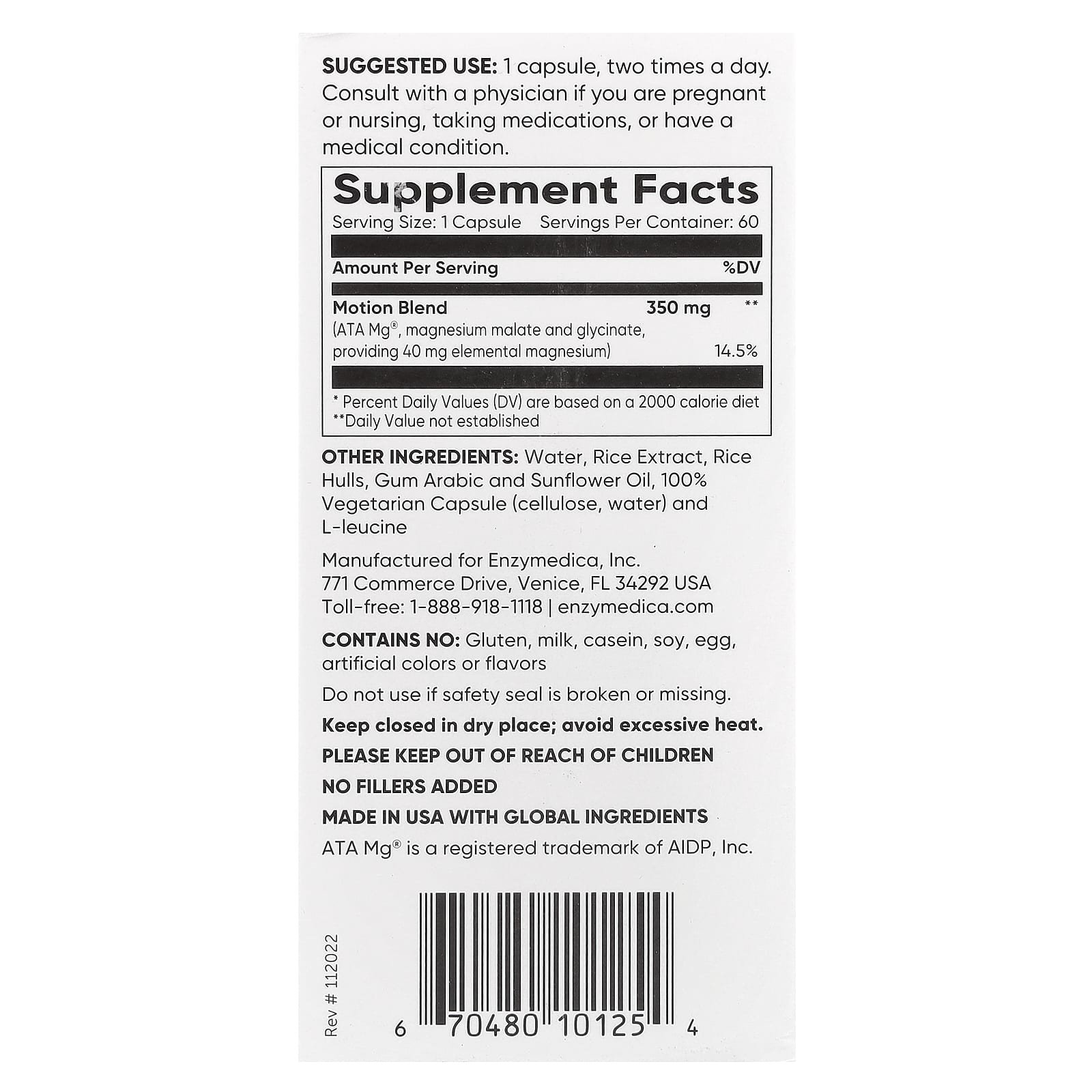 Enzymedica Magnesium Motion tillverkningsinformation