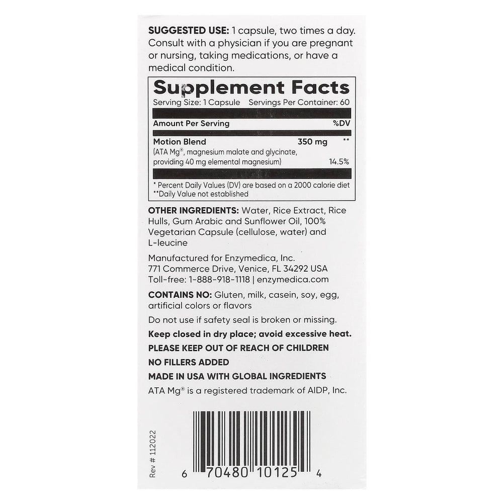Enzymedica Magnesium Motion tillverkningsinformation