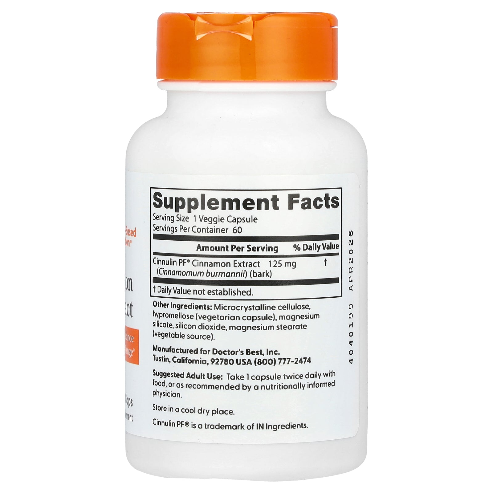 Doctor's Best Cinnamon Extract baksida
