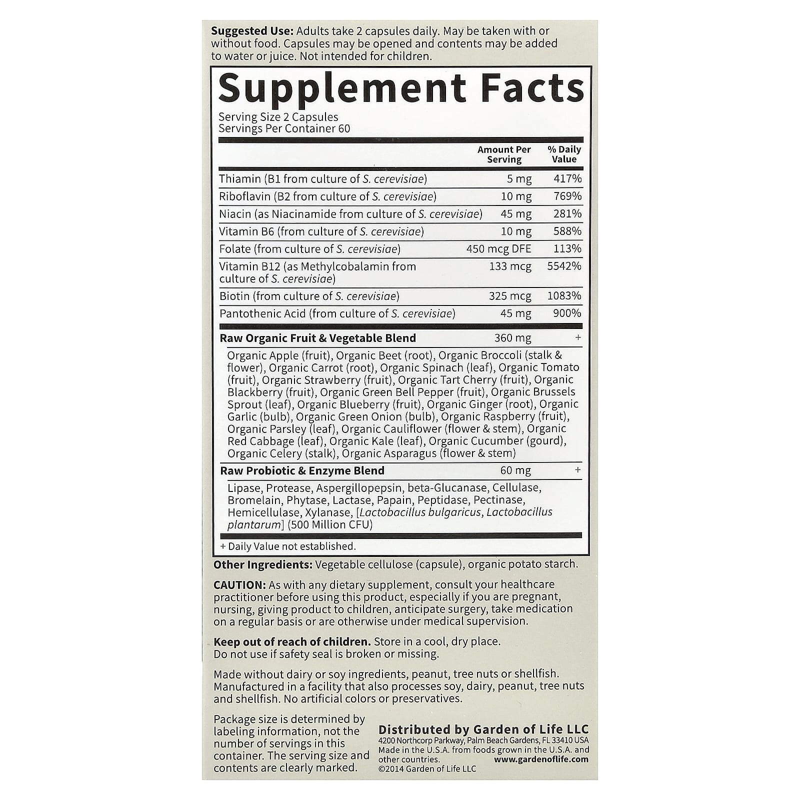 Garden of Life Vitamin Code Raw B-Complex ingredienser