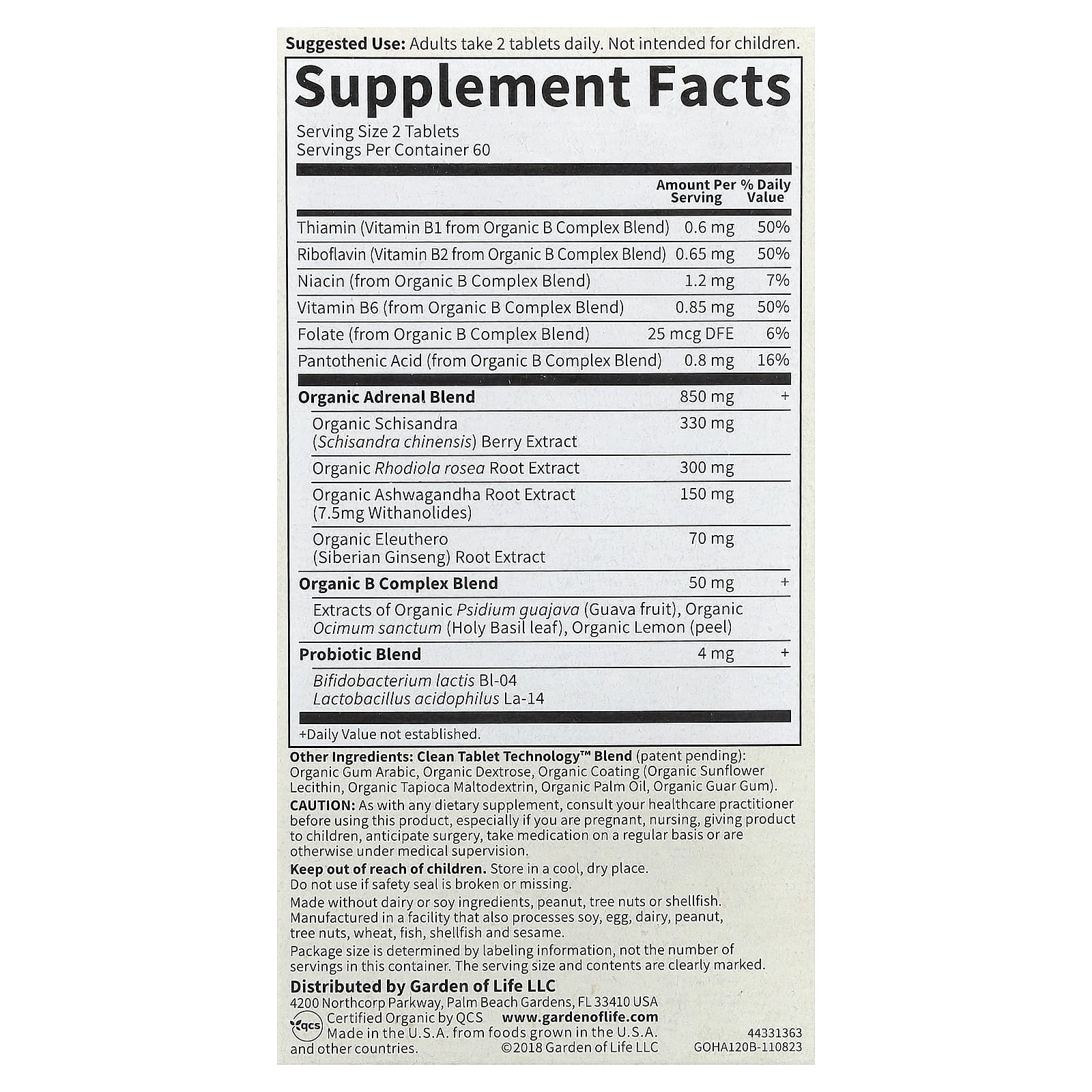 Garden Of Life Adrenal Daily Balance ingredienser lista