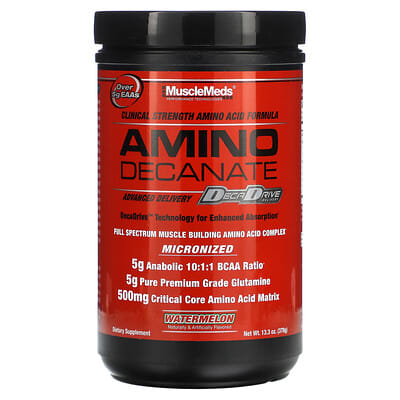 MuscleMeds Amino Decanate jar showcasing full spectrum amino acid complex for muscle growth, 10:1:1 BCAA ratio, and Watermelon flavor.