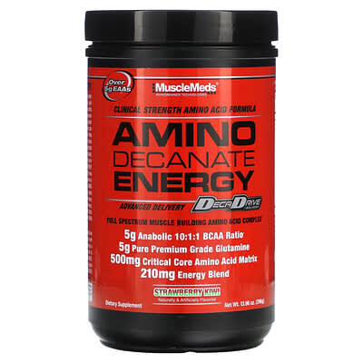 MuscleMeds Amino Decanate Energy powder jar, full spectrum amino acid formula for muscle growth, strawberry kiwi flavor.