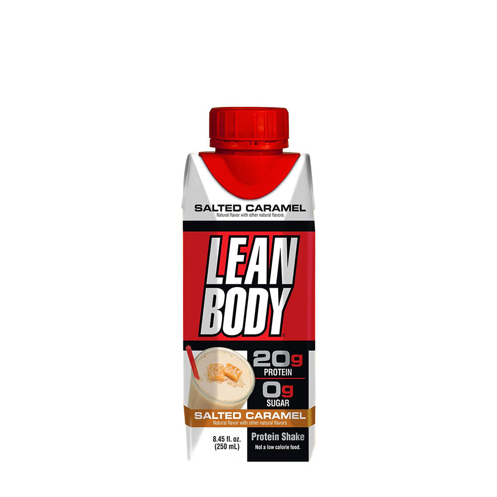 Labrada Lean Body Ready-to-Drink Protein Shake in Salted Caramel flavor, 20g protein, 0g sugar, portable protein snack.