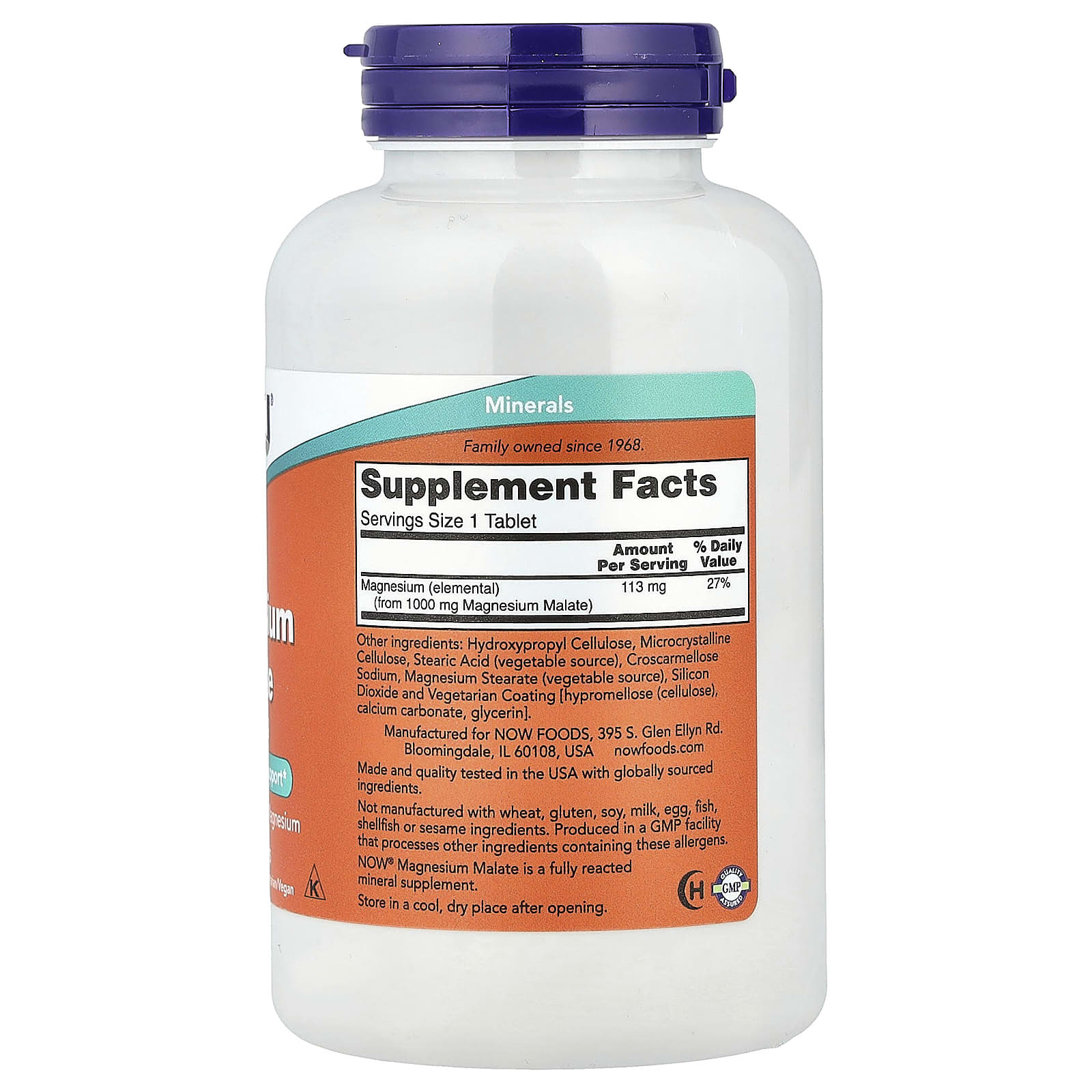 NOW Foods Magnesium Malate flaskdetalj etikett