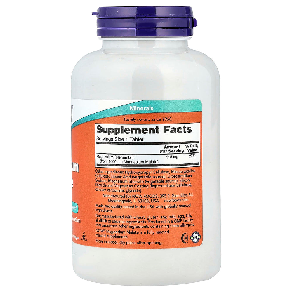 NOW Foods Magnesium Malate flaskdetalj etikett