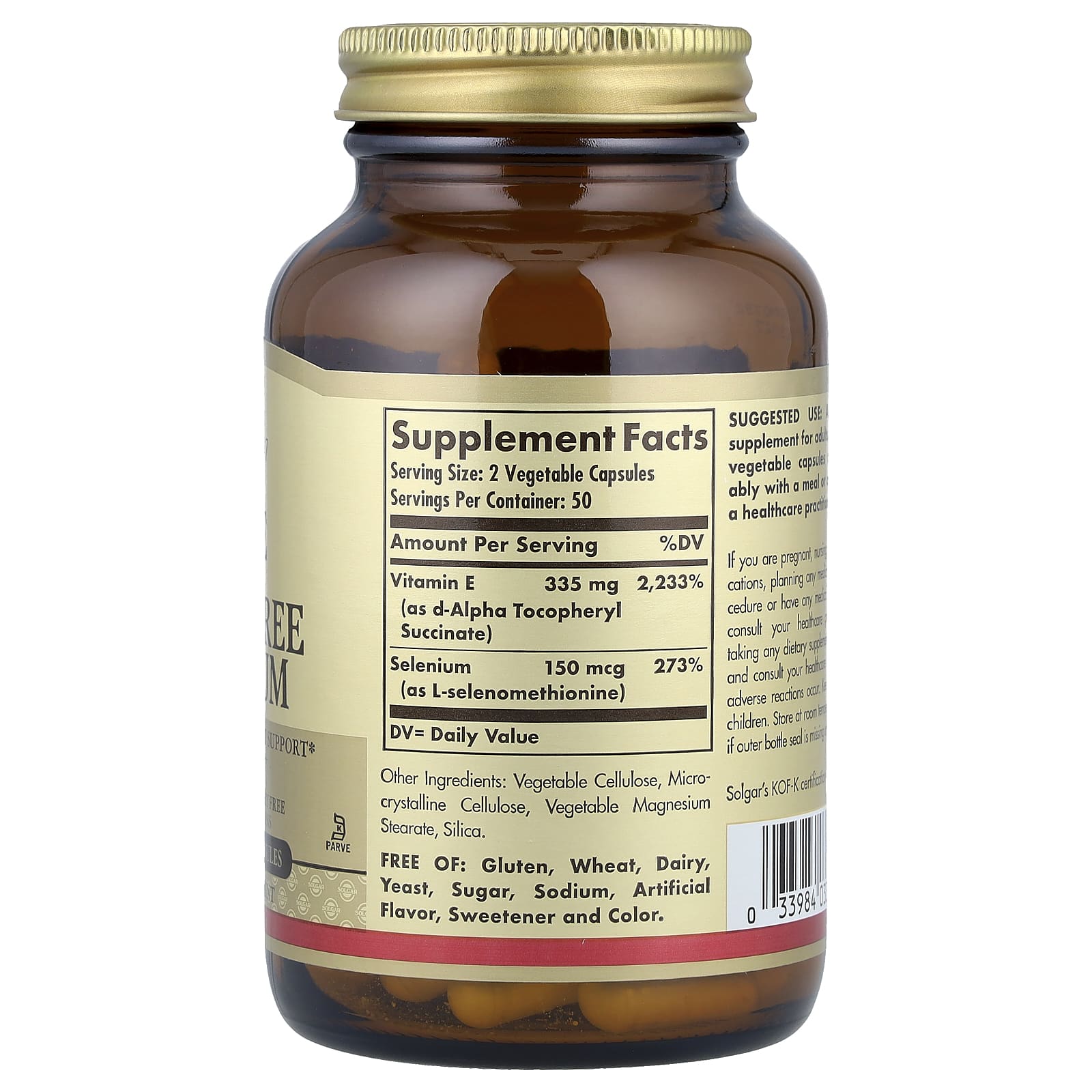 Solgar Dry Vitamin E With Yeast Free Selenium baksida näringsfakta