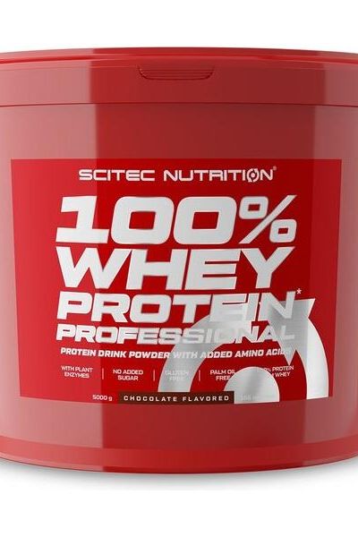 Scitec Nutrition 100% Whey Protein Professional chocolate flavored protein powder tub with amino acids.