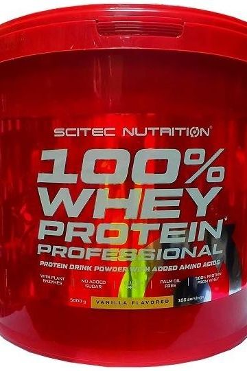 Scitec Nutrition 100% Whey Protein Professional in a red container, vanilla flavored, designed for optimal muscle growth and maintenance.