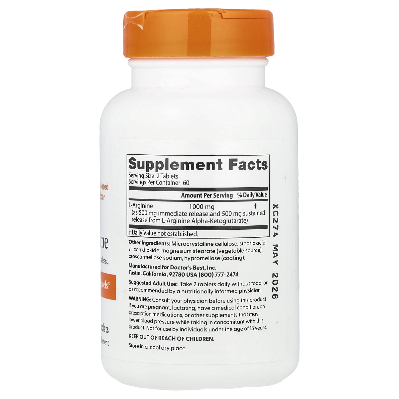 L-Arginine 500 mg ingredienser-etikett
