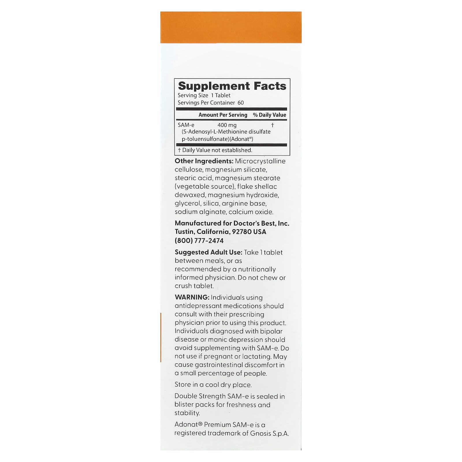 Doctor's Best SAM-e ingredienser etikett