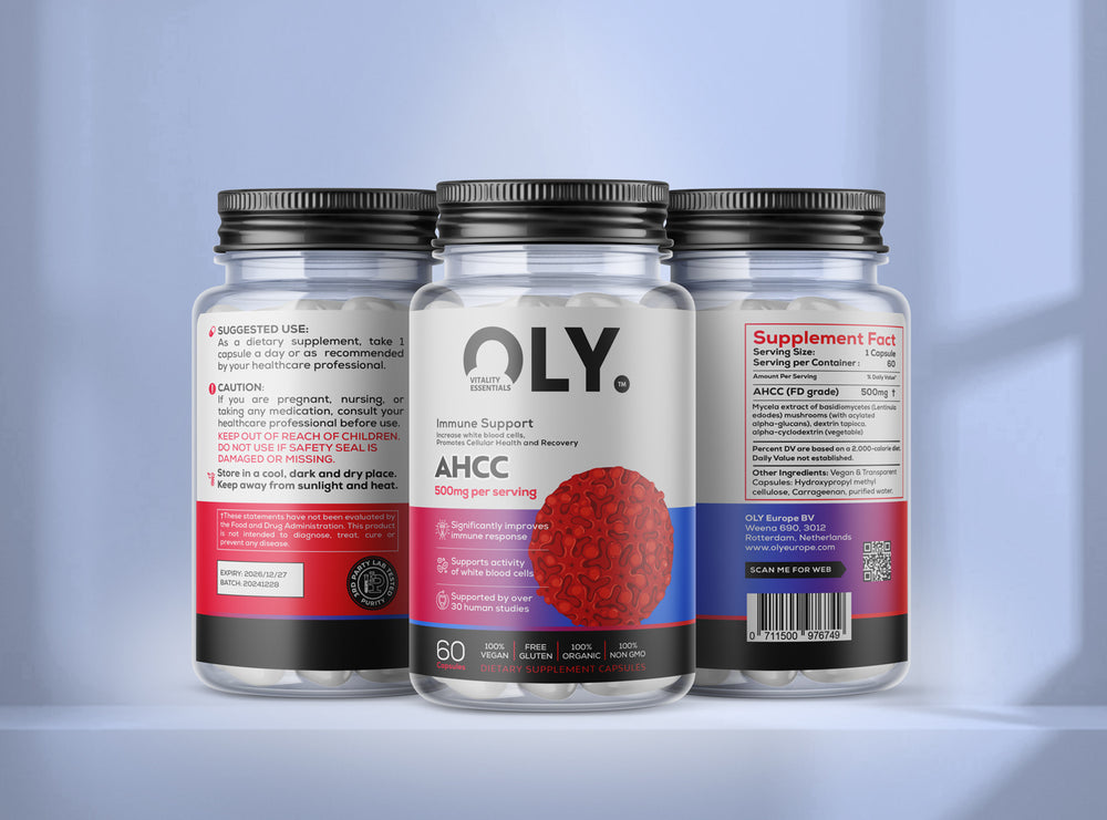 Oly AHCC 500mg supplement bottle with vegan capsules for immune support and cellular health.