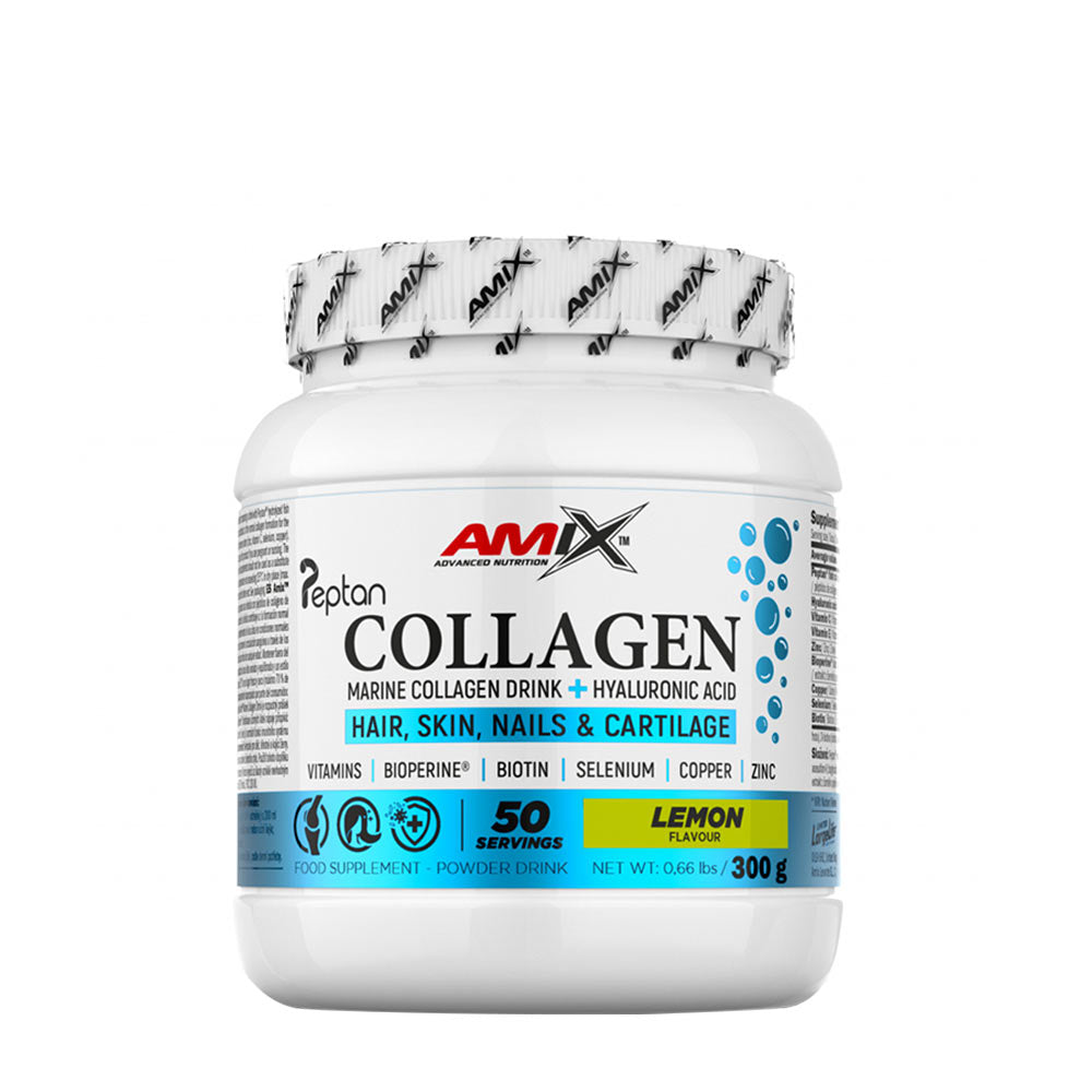 Amix Marine Collagen Drink with Hyaluronic Acid for hair, skin, nails, and cartilage in lemon flavor - 300g container.