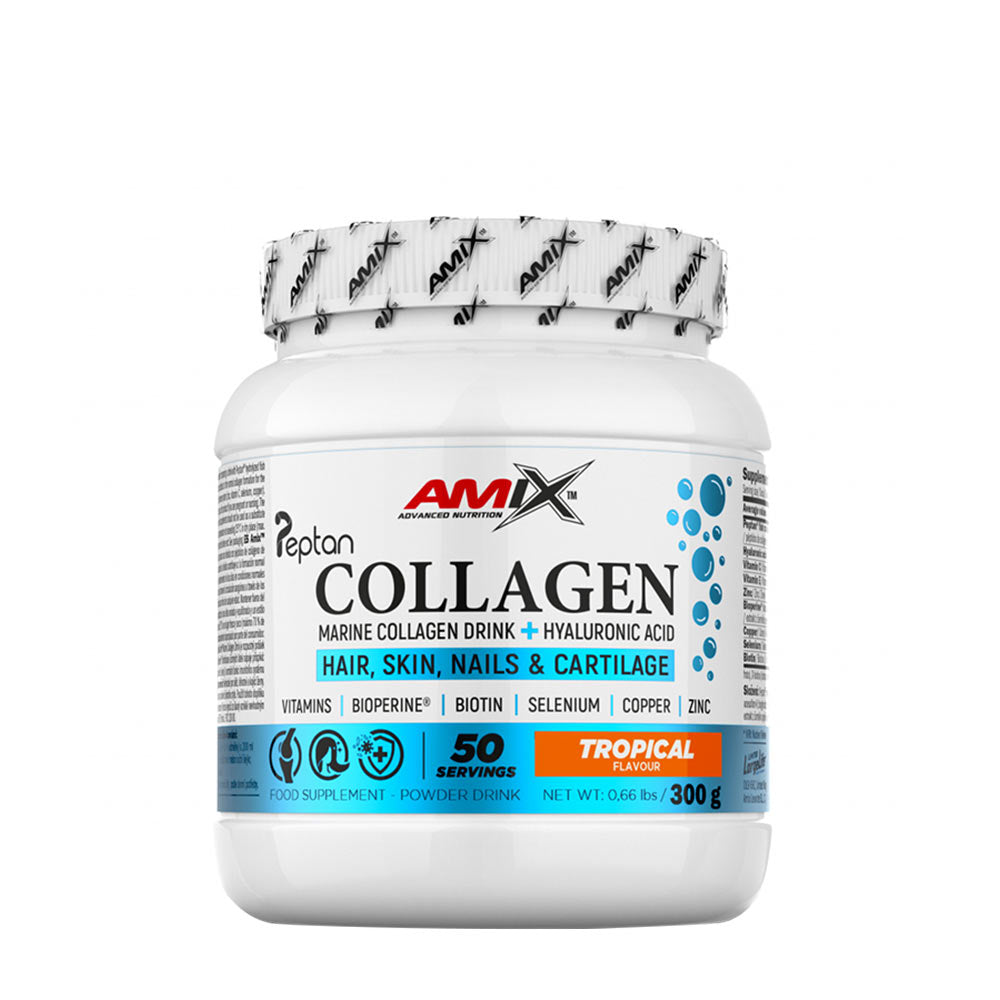 Amix Collagen Marine Peptan Drink, powdered supplement for hair, skin, nails, and cartilage, tropical flavor, 300g.