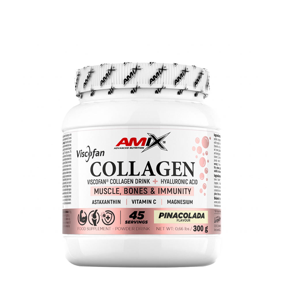 Amix Viscofan Collagen Drink in Pinacolada flavor, supports muscle, bones, and immunity, 45 servings, 300g container.
