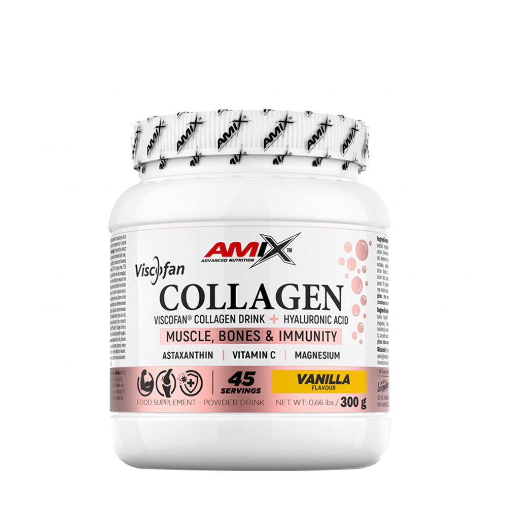 Amix Viscofan Collagen Drink in Vanilla flavor, supports muscles, bones, and immunity, 300g tub with 45 servings.