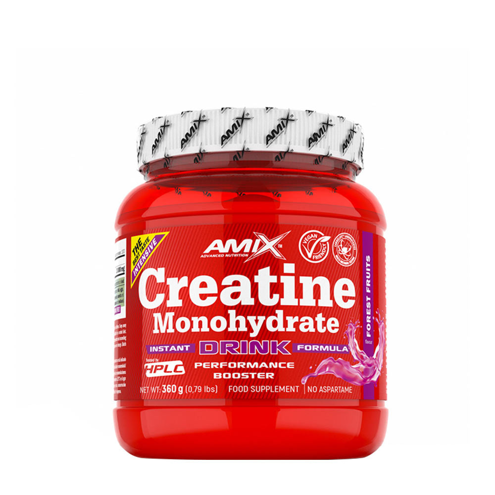 Amix Creatine Monohydrate Powder Drink container, instant formula for performance boost, 360g, forest fruit flavor.