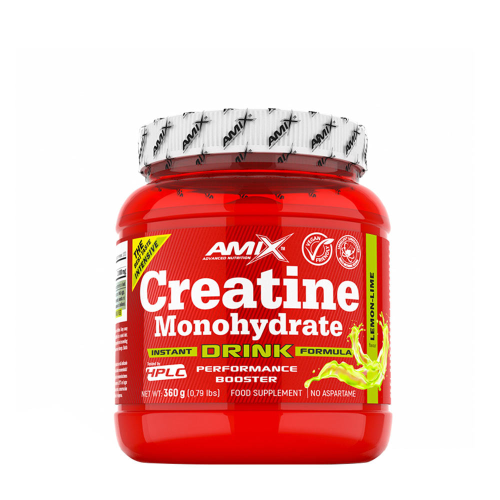 Amix Creatine Monohydrate Powder Drink in red container, performance booster for physical training and recovery.