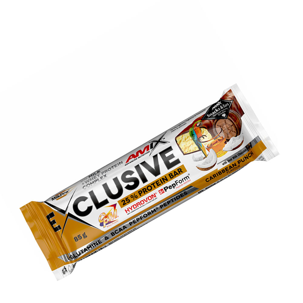 Amix Exclusive Protein Bar, Caribbean Punch flavor, high protein with low sugar, convenient snack.
