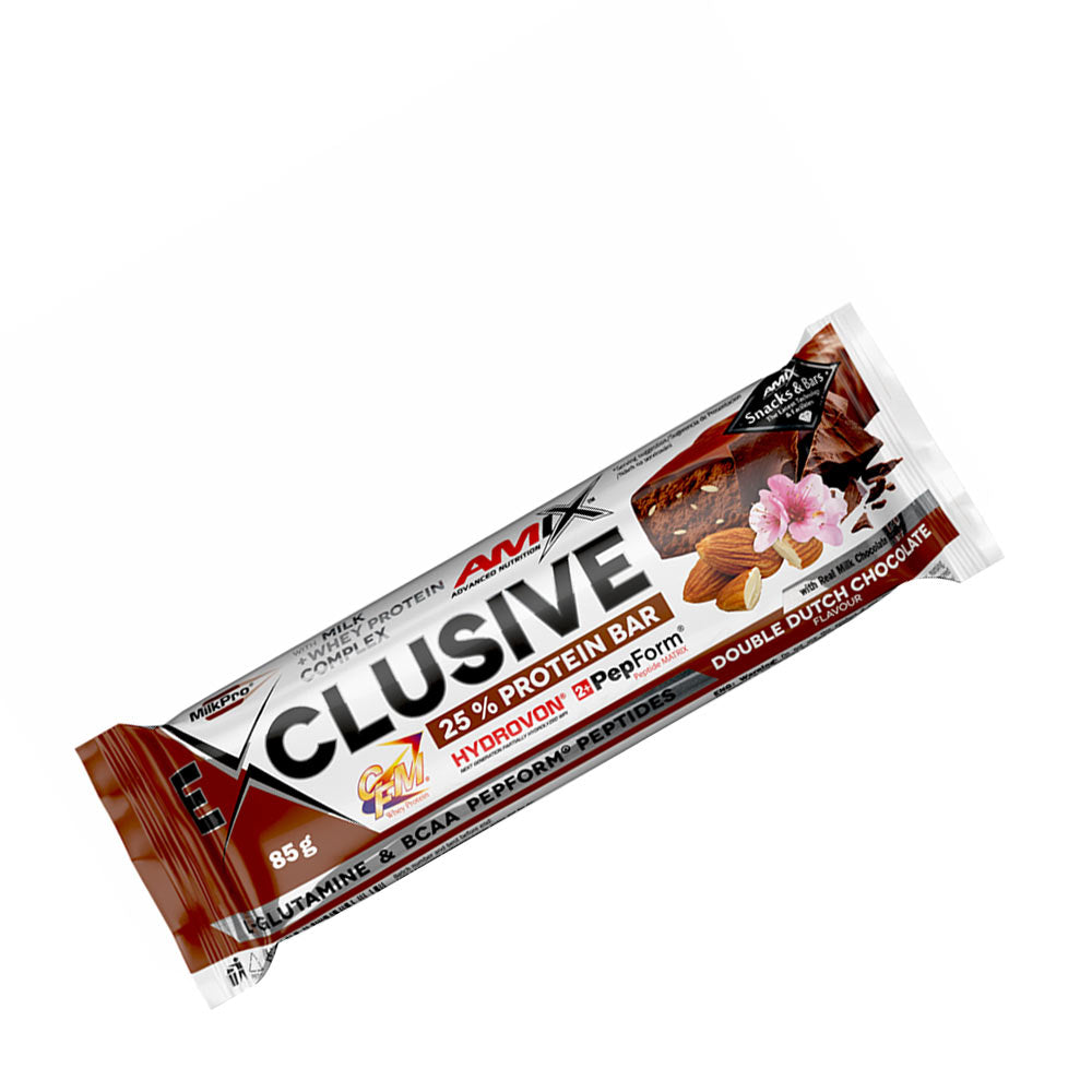Amix Exclusive Protein Bar with 25% protein content in Double Dutch Chocolate flavor, perfect for muscle building.