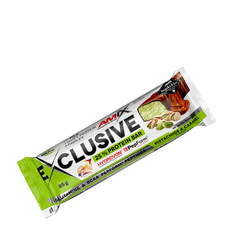Amix Exklusiv Protein Bar with 25% protein, featuring pistachios and caramel flavor, convenient snack for muscle support.
