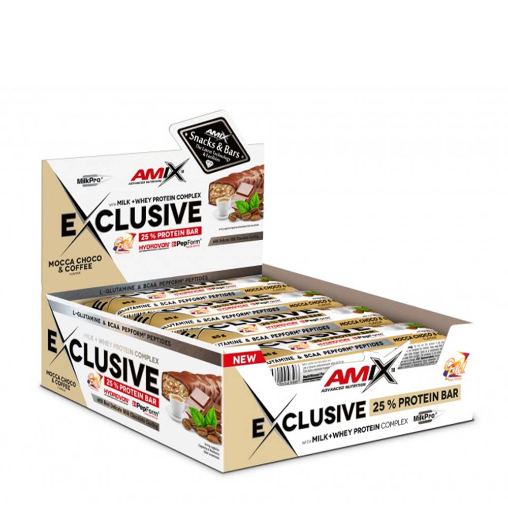 Amix Exclusive Protein Bar box display with Mocca Choco & Coffee flavor, featuring 25% protein content.