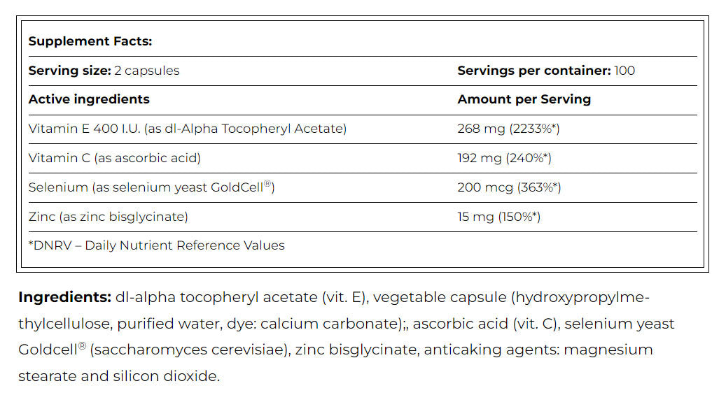 Vitamin E med C, Zink & Selen baksida näringsfakta
