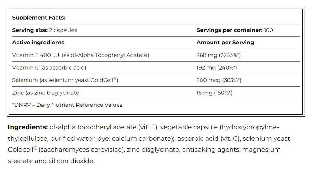 Vitamin E med C, Zink & Selen baksida näringsfakta