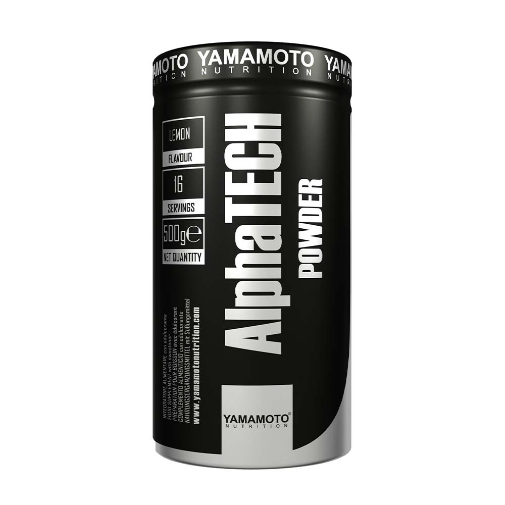 Yamamoto Nutrition AlphaTECH Powder in a black container with lemon flavor, 500g, 16 servings.