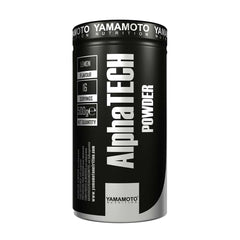 Yamamoto Nutrition AlphaTECH Powder in a black container with lemon flavor, 500g, 16 servings.