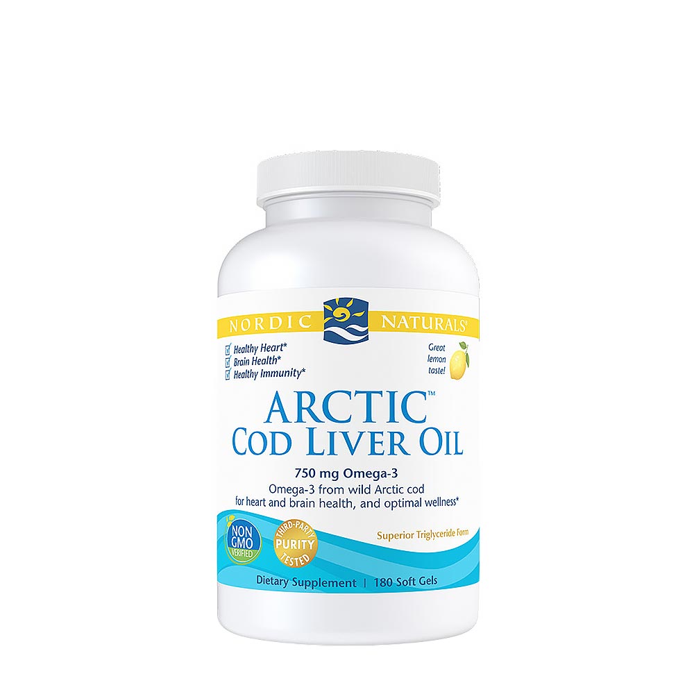 Nordic Naturals Arctic Cod Liver Oil bottle, 750 mg omega-3, supports heart and brain health, dietary supplement