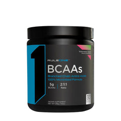 Rule One BCAAs supplement jar, 5g micronized branched chain amino acids, 2:1:1 ratio, watermelon splash flavor.