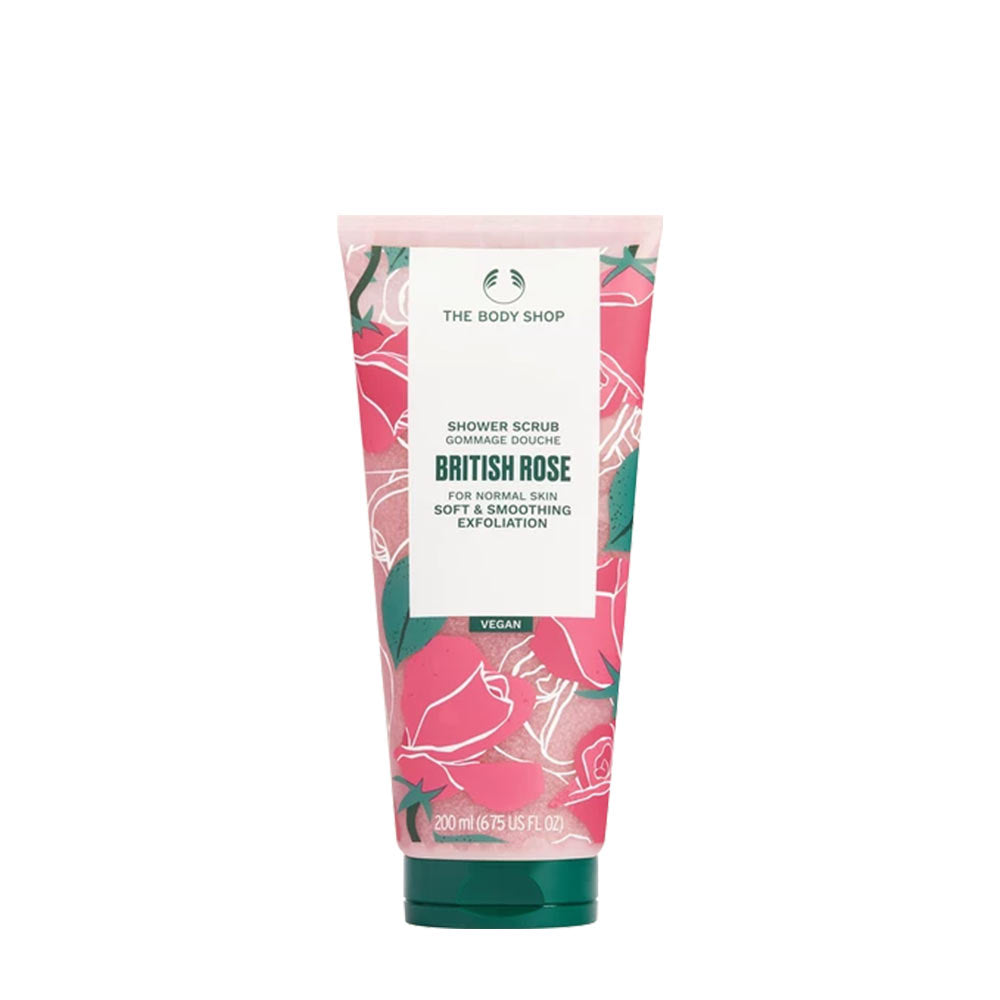 The Body Shop British Rose Shower Scrub, 200ml tube, natural exfoliant for soft and smooth skin.