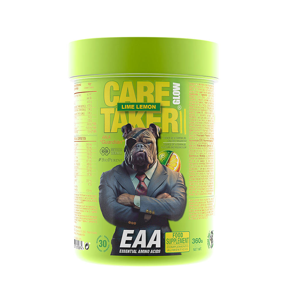 Zoomad Labs Caretaker II EAA Glow Lime Lemon supplement container with a muscular dog logo.