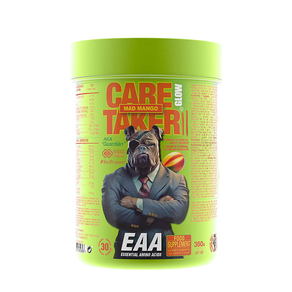 Zoomad Labs Caretaker II EAA Glow Mad Mango flavor, essential amino acids supplement for muscle recovery.