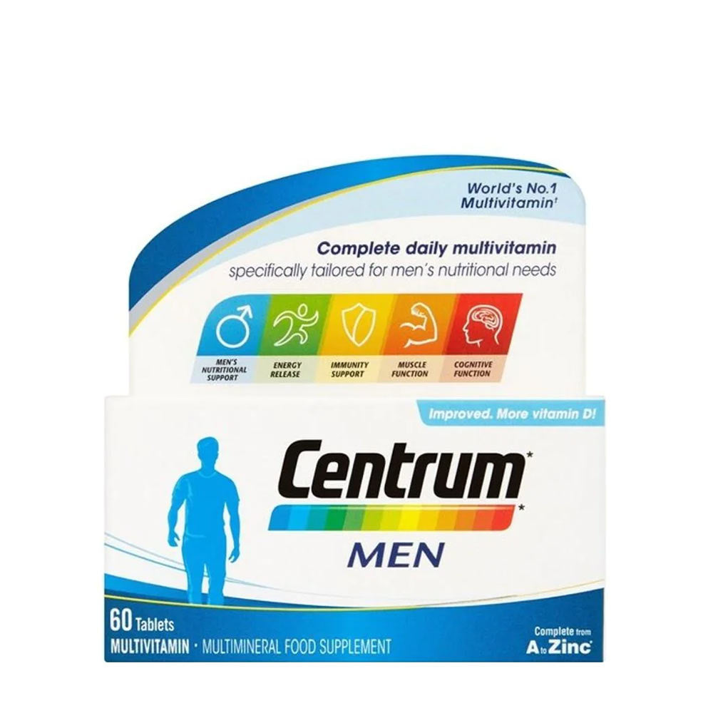 Centrum Men multivitamin pack containing 60 tablets, tailored for men's nutritional needs with energy and immunity support.